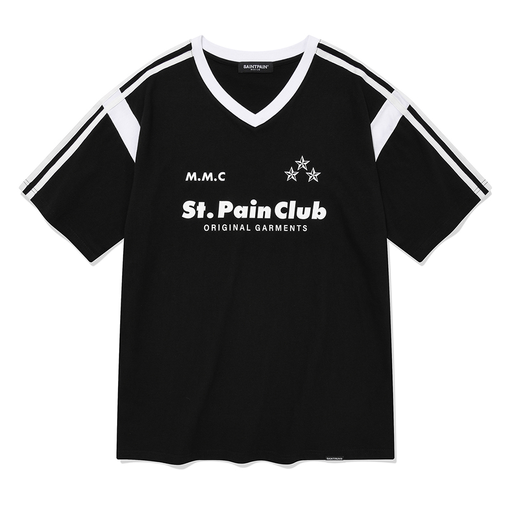 세인트페인 M.M.C 스타 바시티 브이넥 티셔츠-블랙