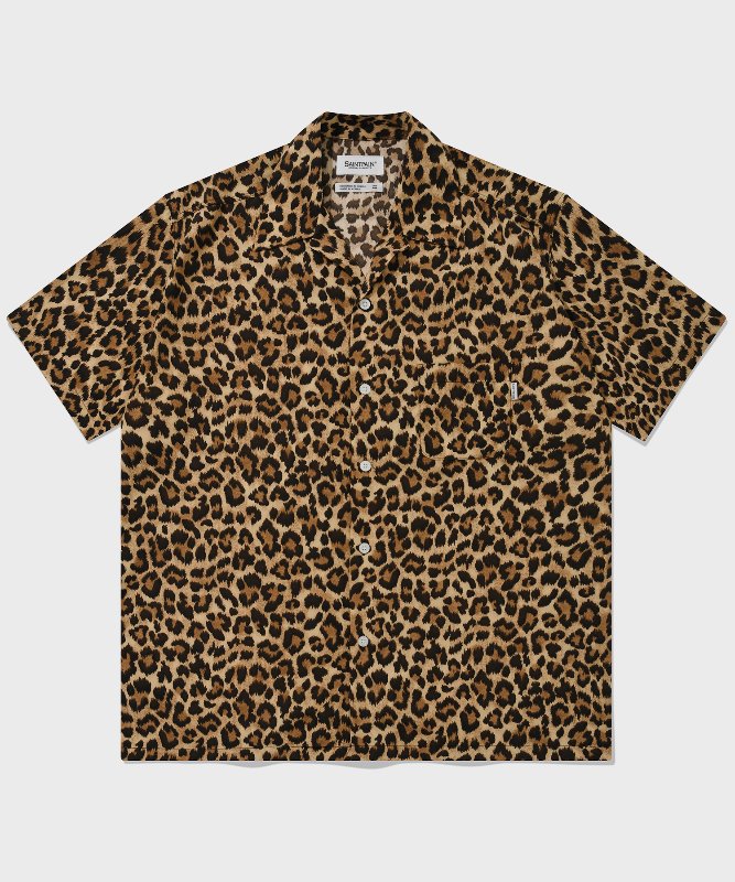 SP OVER FIT LEOPARD OPEN COLLAR SHIRTS-BROWN