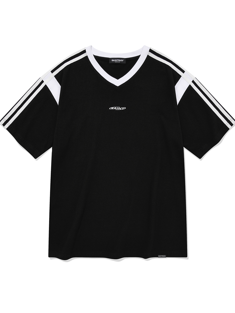SP 서클 로고 바시티 브이넥 티셔츠-블랙