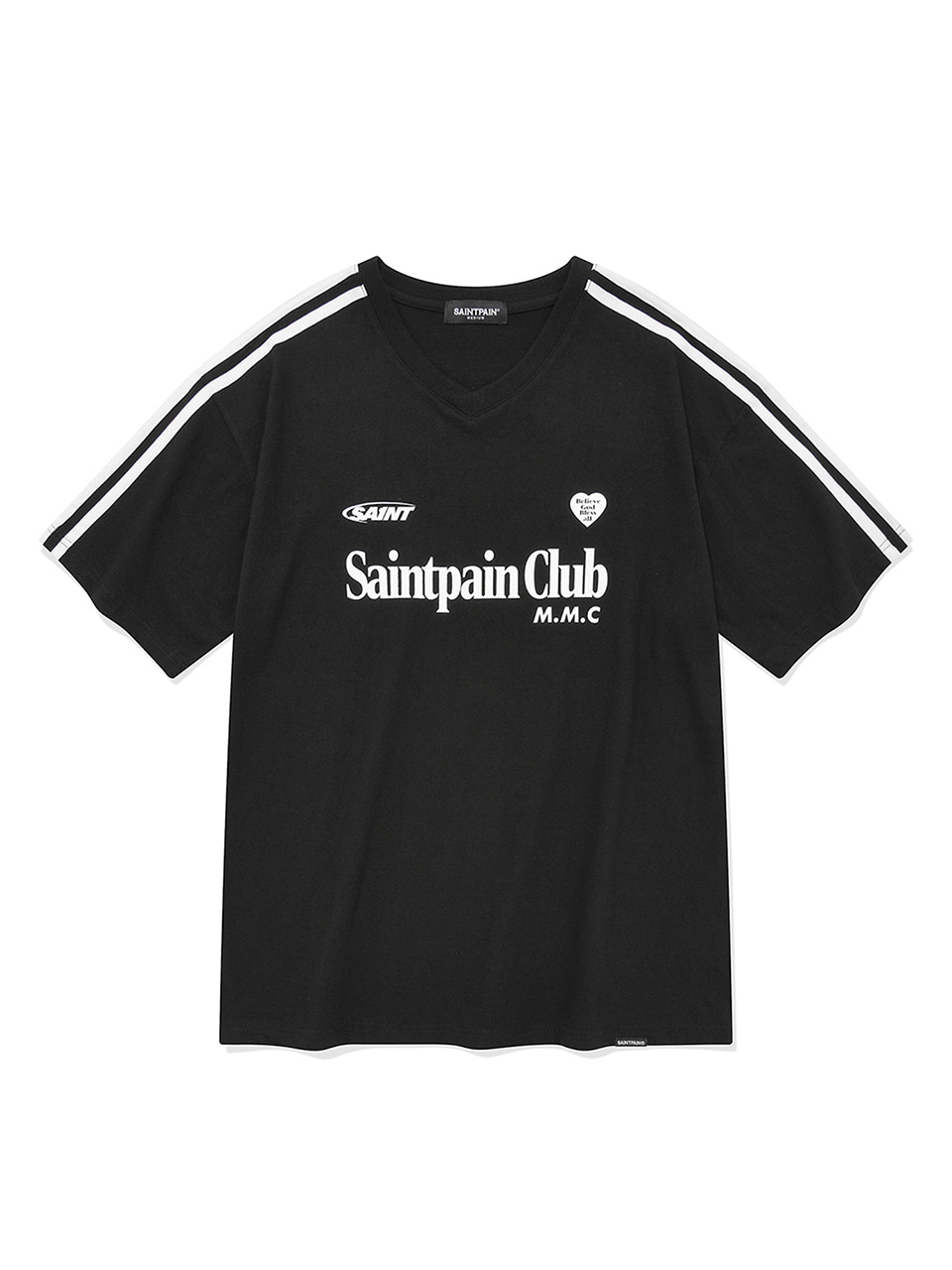 SP 하트 로고 엠블럼 브이넥 티셔츠-블랙